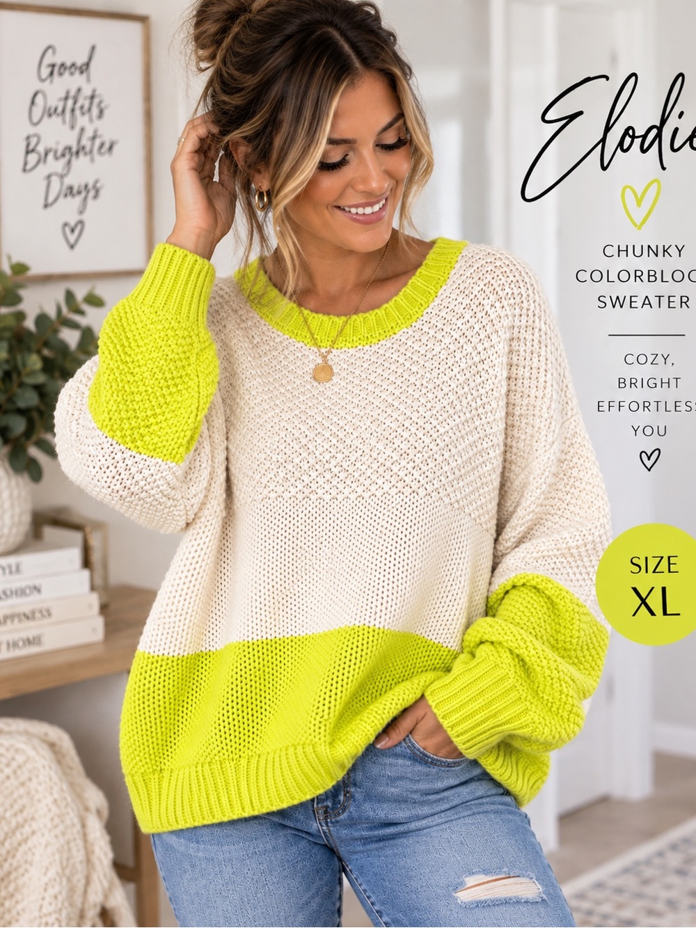 Elodie Chunky Colorblock Knit Sweater Cream Neon Yellow XL